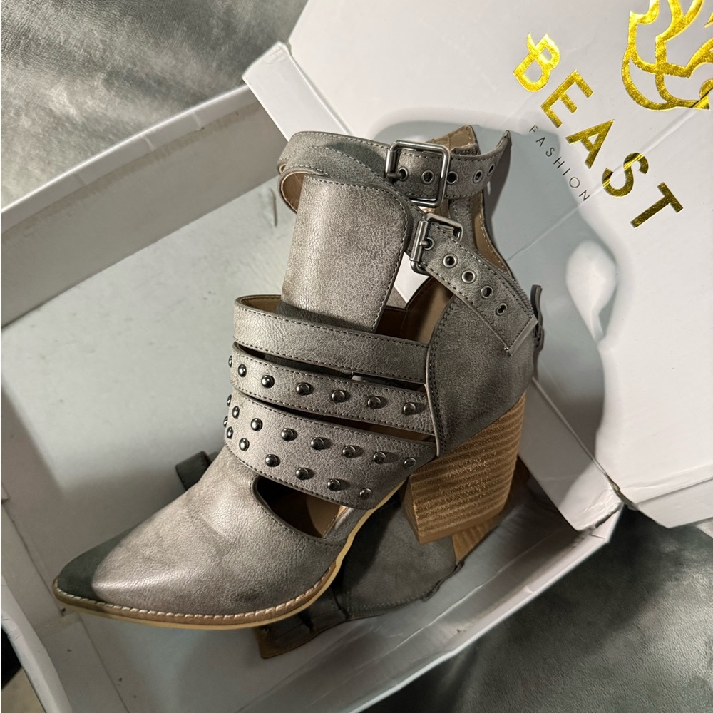 BEAST FASHION Silver Studded Cutout Ankle Heeled Boots